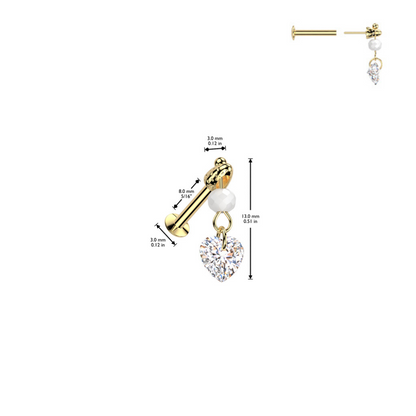 Threadless Push In Dangling Faux Pearl and Heart Shaped Crystal Flat Back Stud - 316L Stainless Steel