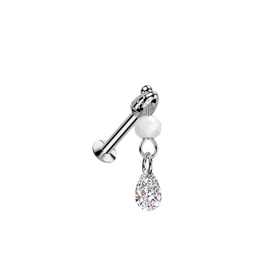 Threadless Push In Dangling Faux Pearl and Teardrop Shaped Crystal Flat Back Stud - 316L Stainless Steel