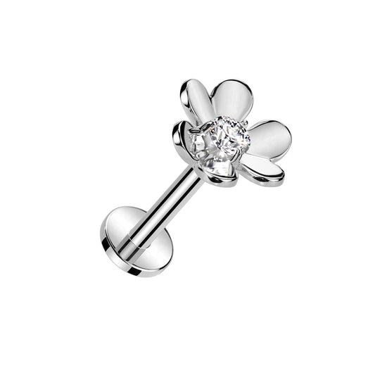 Threadless Push-In CZ Crystal Flower Top Flat Back Stud - 316L Stainless Steel