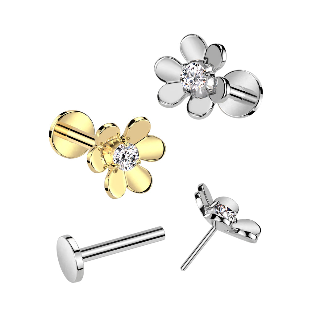 Threadless Push-In CZ Crystal Flower Top Flat Back Stud - 316L Stainless Steel