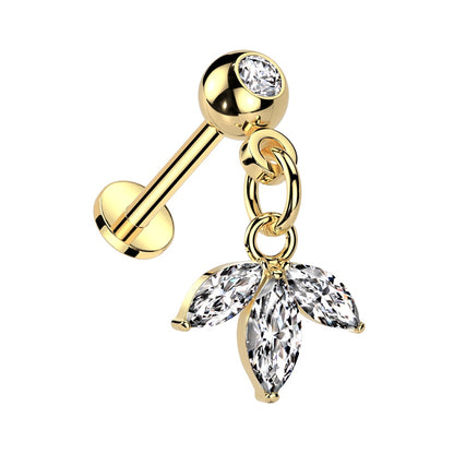 Threadless Push-In CZ Crystal with Dangling Triple Leaf Marquise Flat Back Stud - 316L Stainless Steel