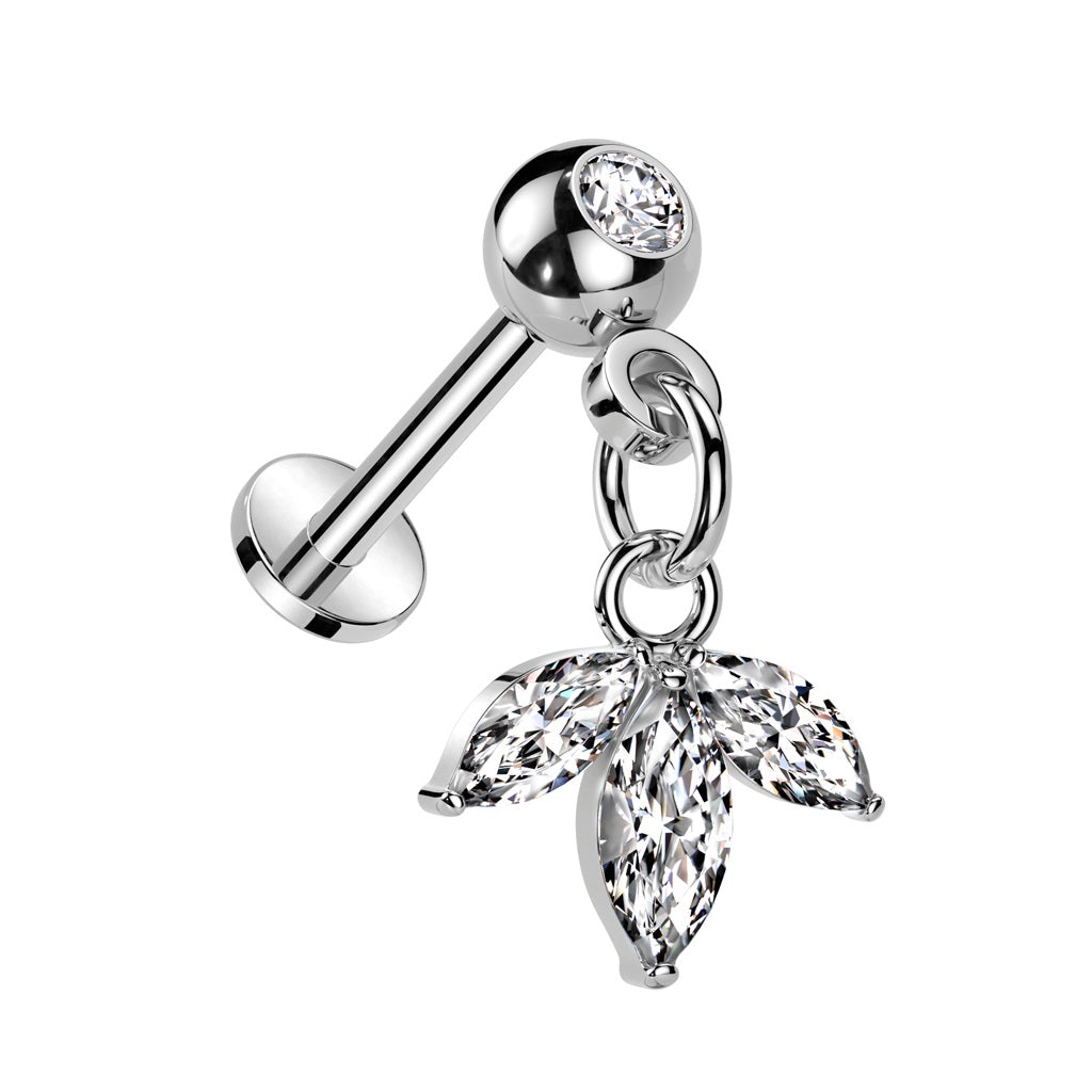 Threadless Push-In CZ Crystal with Dangling Triple Leaf Marquise Flat Back Stud - 316L Stainless Steel