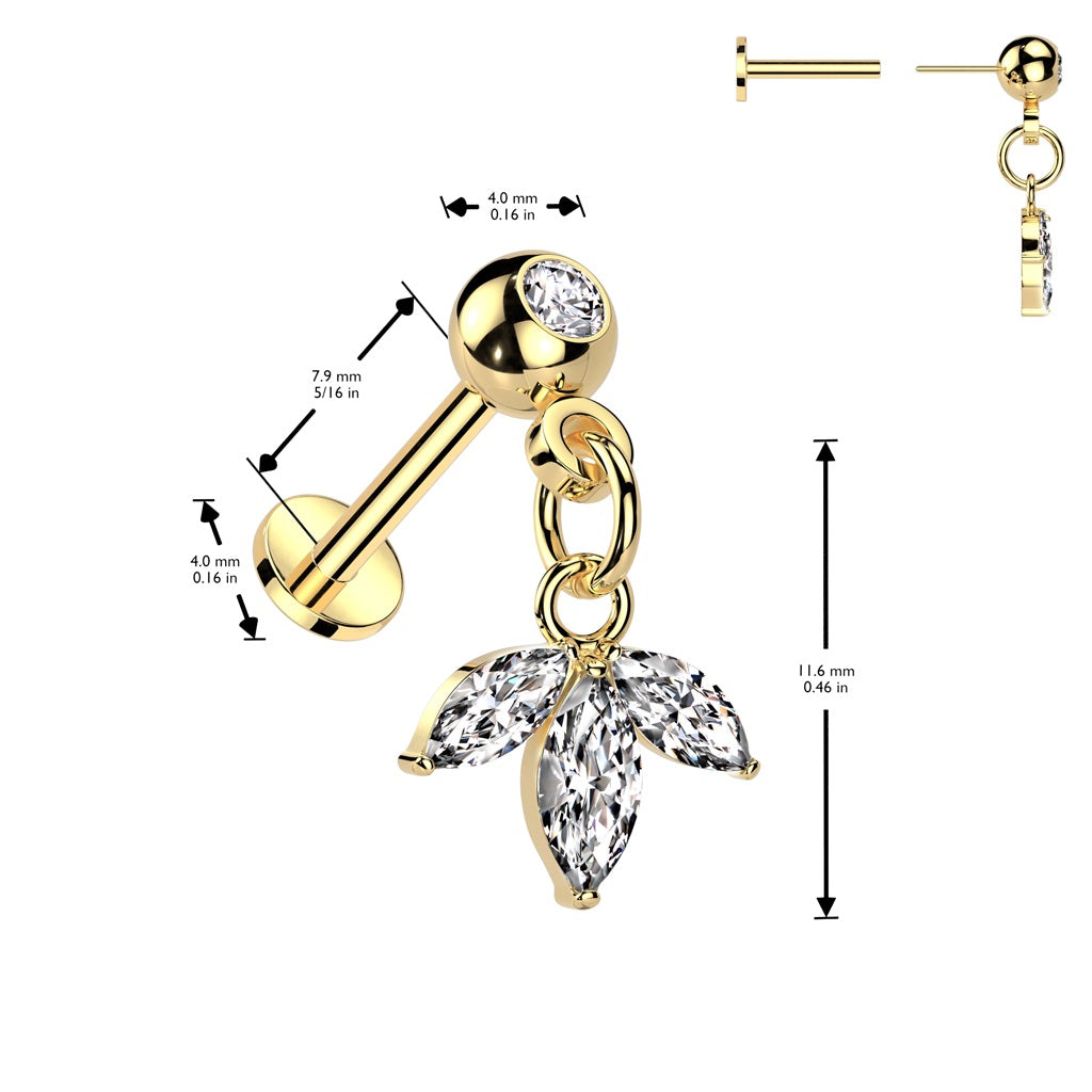 Threadless Push-In CZ Crystal with Dangling Triple Leaf Marquise Flat Back Stud - 316L Stainless Steel