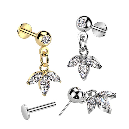 Threadless Push-In CZ Crystal with Dangling Triple Leaf Marquise Flat Back Stud - 316L Stainless Steel