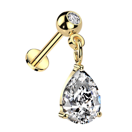 Threadless Push-In CZ Crystal with Dangling Teardrop Gem Flat Back Stud - 316L Stainless Steel