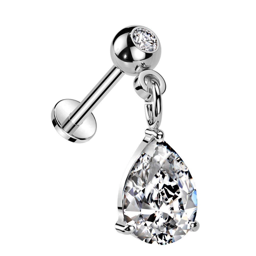 Threadless Push-In CZ Crystal with Dangling Teardrop Gem Flat Back Stud - 316L Stainless Steel