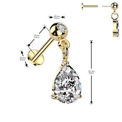 Threadless Push-In CZ Crystal with Dangling Teardrop Gem Flat Back Stud - 316L Stainless Steel