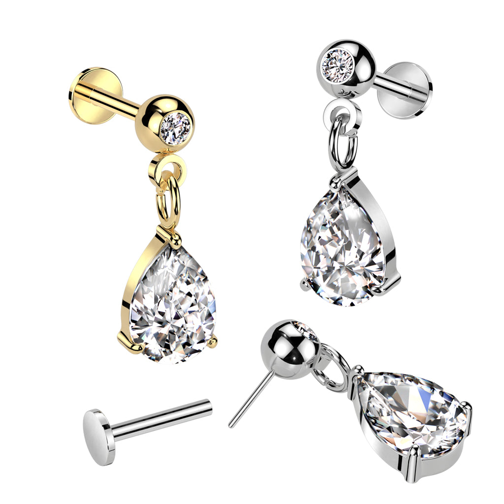 Threadless Push-In CZ Crystal with Dangling Teardrop Gem Flat Back Stud - 316L Stainless Steel