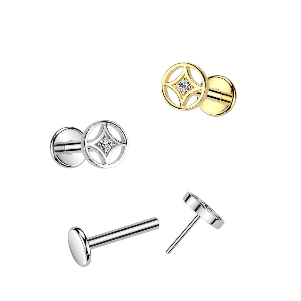 Threadless Push-In CZ Crystal 4 Point Star Round Circle Top Flat Back Stud - 316L Stainless Steel