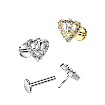 Threadless Push-In CZ Crystal Paved Heart Top Flat Back Stud - 316L Stainless Steel