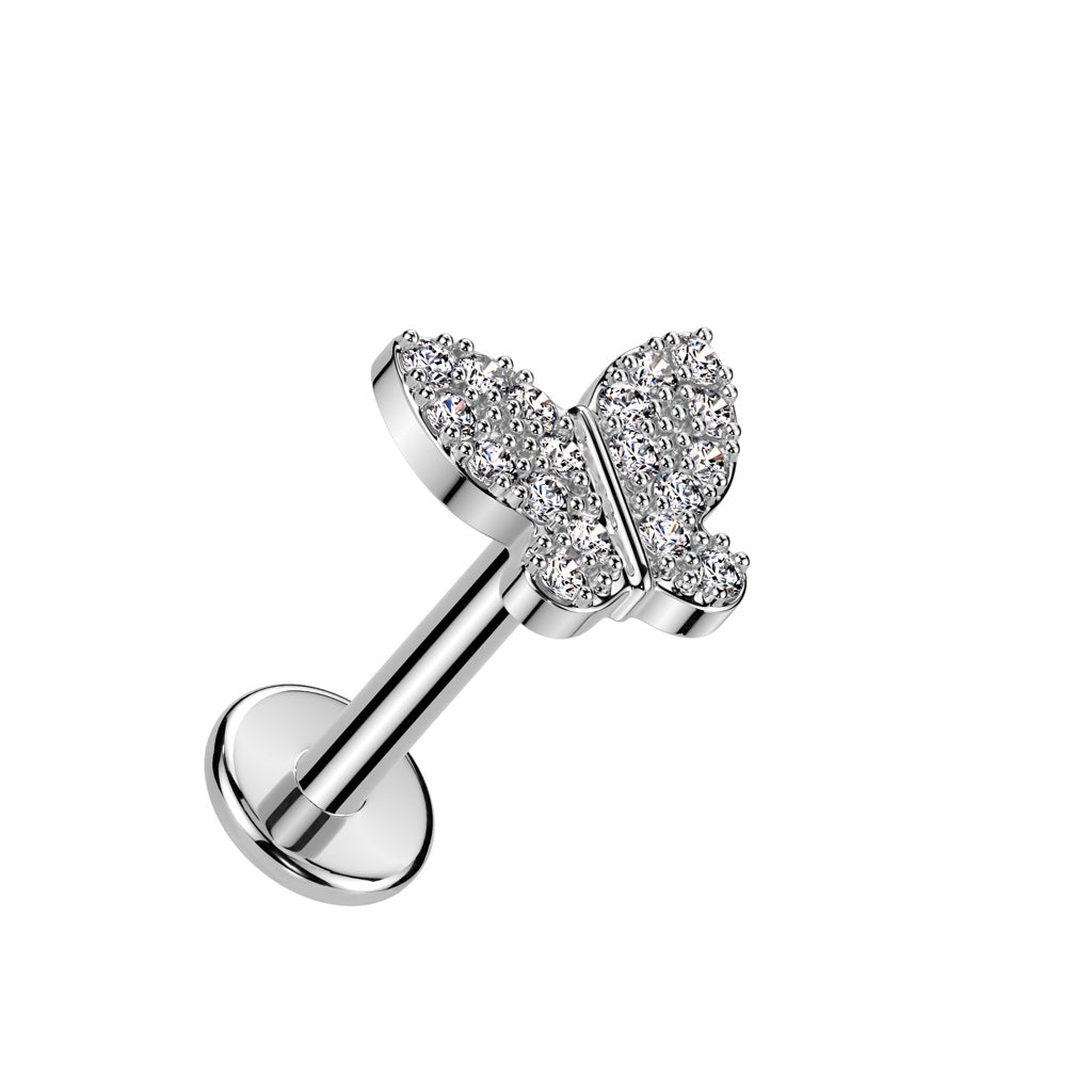 Threadless Push In CZ Crystal Butterfly Top Flat Back Stud - 316L Stainless Steel