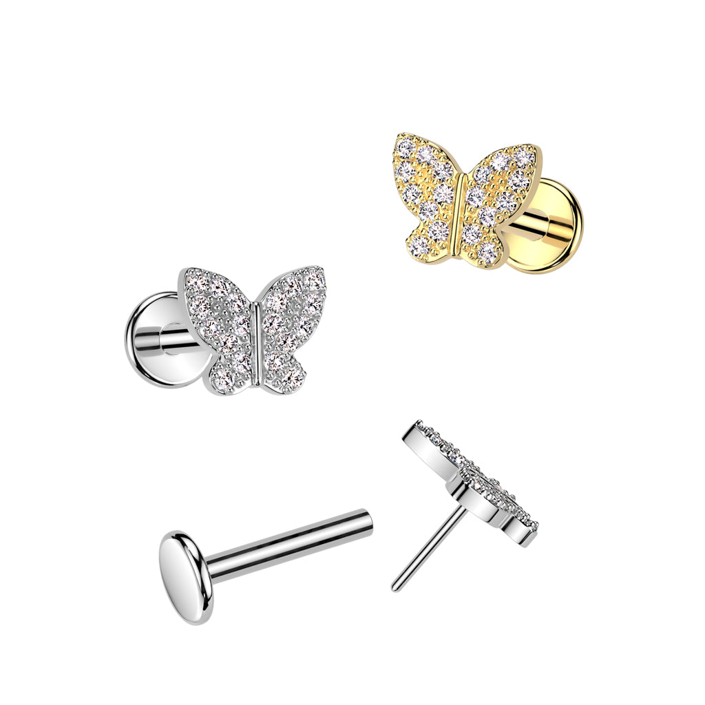 Threadless Push In CZ Crystal Butterfly Top Flat Back Stud - 316L Stainless Steel