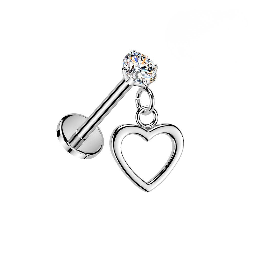 Threadless Push In CZ Crystal with Dangling Heart Flat Back Stud - 316L Stainless Steel