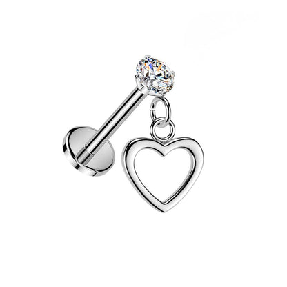 Threadless Push In CZ Crystal with Dangling Heart Flat Back Stud - 316L Stainless Steel