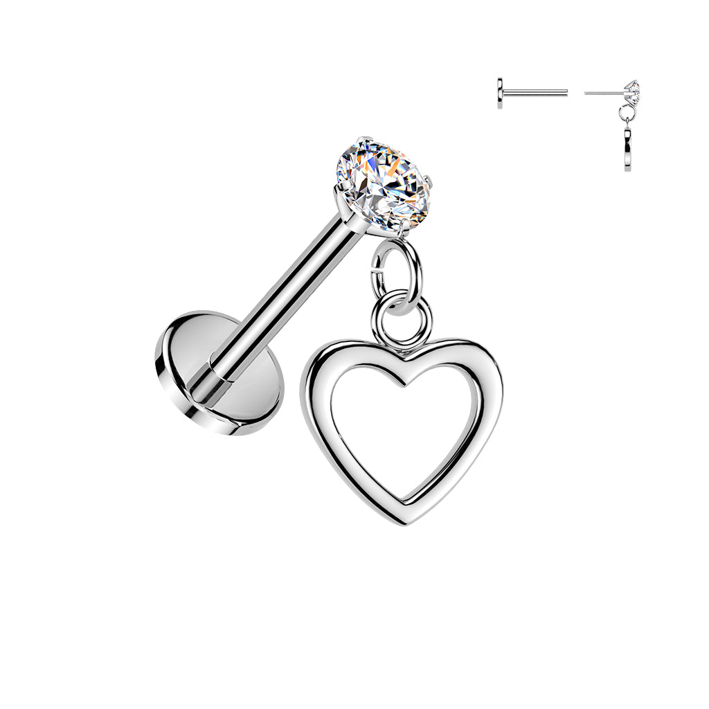 Threadless Push In CZ Crystal with Dangling Heart Flat Back Stud - 316L Stainless Steel