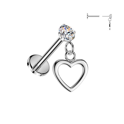 Threadless Push In CZ Crystal with Dangling Heart Flat Back Stud - 316L Stainless Steel