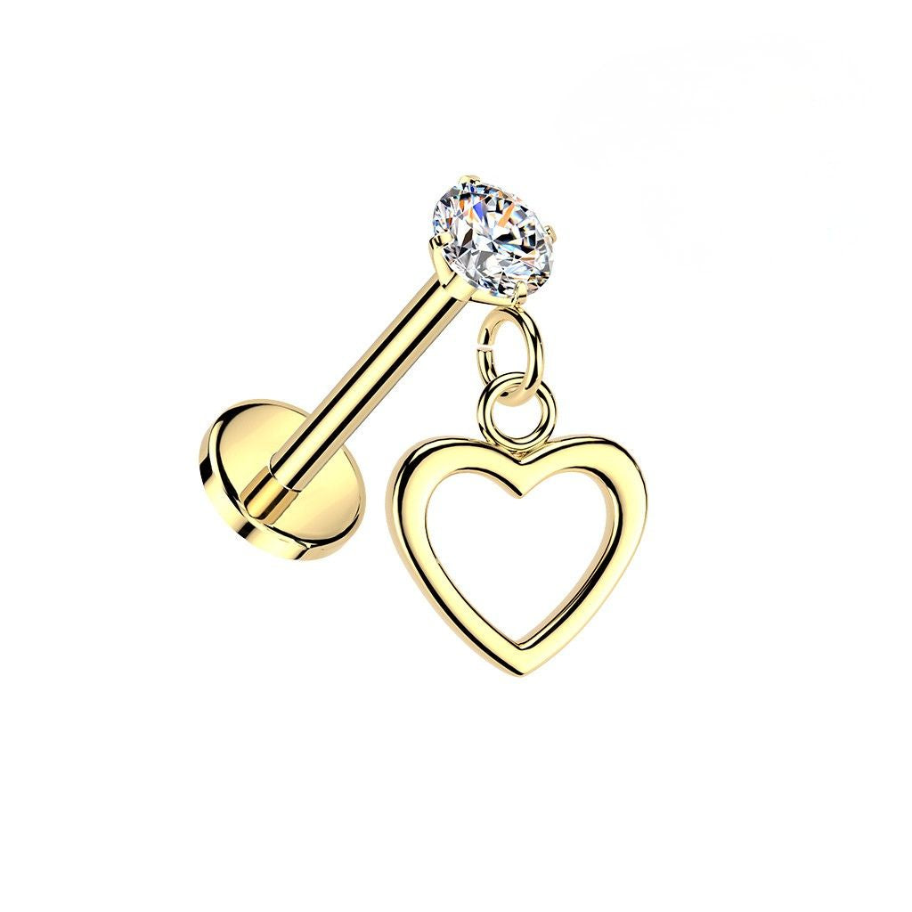 Threadless Push In CZ Crystal with Dangling Heart Flat Back Stud - 316L Stainless Steel