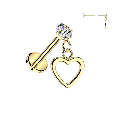 Threadless Push In CZ Crystal with Dangling Heart Flat Back Stud - 316L Stainless Steel