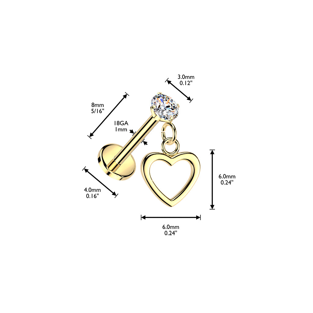 Threadless Push In CZ Crystal with Dangling Heart Flat Back Stud - 316L Stainless Steel