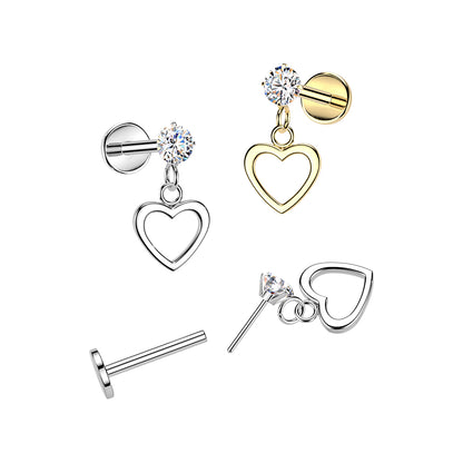 Threadless Push In CZ Crystal with Dangling Heart Flat Back Stud - 316L Stainless Steel
