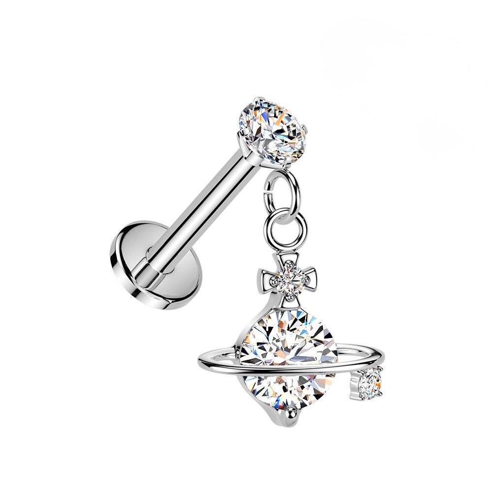 Threadless Push In CZ Crystal with Dangling Planet Flat Back Stud - 316L Stainless Steel