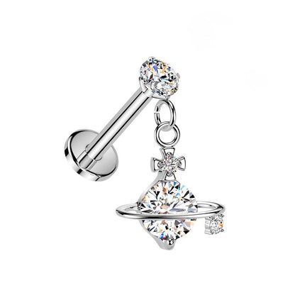Threadless Push In CZ Crystal with Dangling Planet Flat Back Stud - 316L Stainless Steel