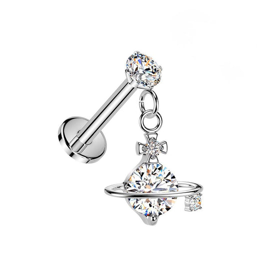Threadless Push In CZ Crystal with Dangling Planet Flat Back Stud - 316L Stainless Steel