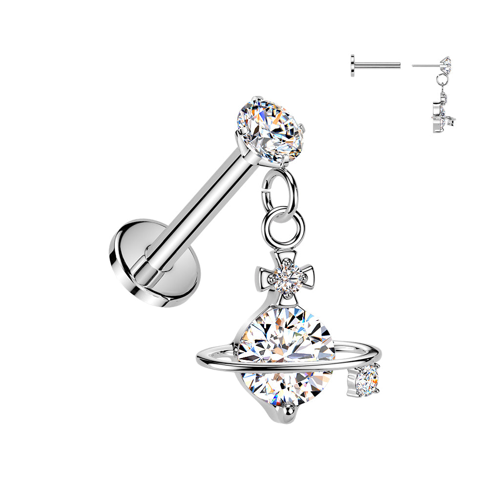 Threadless Push In CZ Crystal with Dangling Planet Flat Back Stud - 316L Stainless Steel