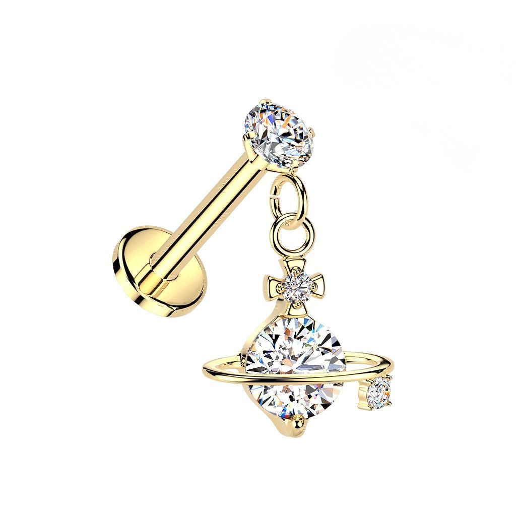 Threadless Push In CZ Crystal with Dangling Planet Flat Back Stud - 316L Stainless Steel