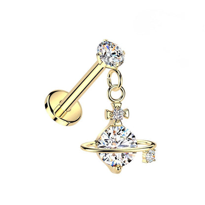 Threadless Push In CZ Crystal with Dangling Planet Flat Back Stud - 316L Stainless Steel