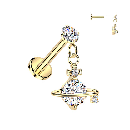 Threadless Push In CZ Crystal with Dangling Planet Flat Back Stud - 316L Stainless Steel