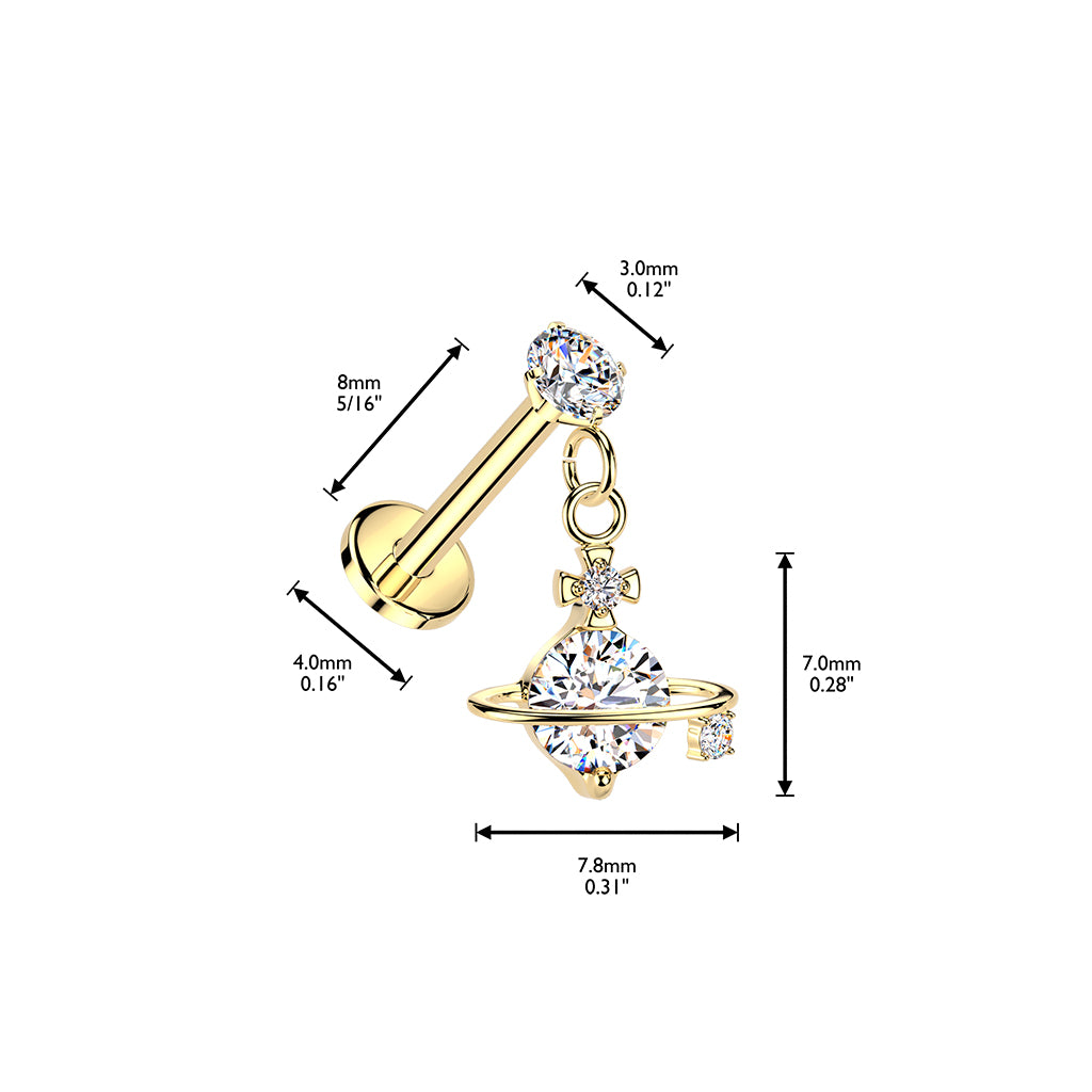 Threadless Push In CZ Crystal with Dangling Planet Flat Back Stud - 316L Stainless Steel