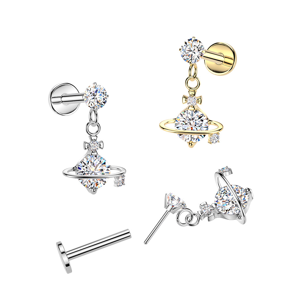Threadless Push In CZ Crystal with Dangling Planet Flat Back Stud - 316L Stainless Steel