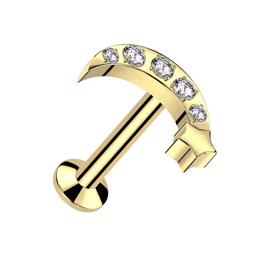 Threadless Push-In CZ Crystal Crescent Moon and Star Flat Back Stud - 316L Stainless Steel