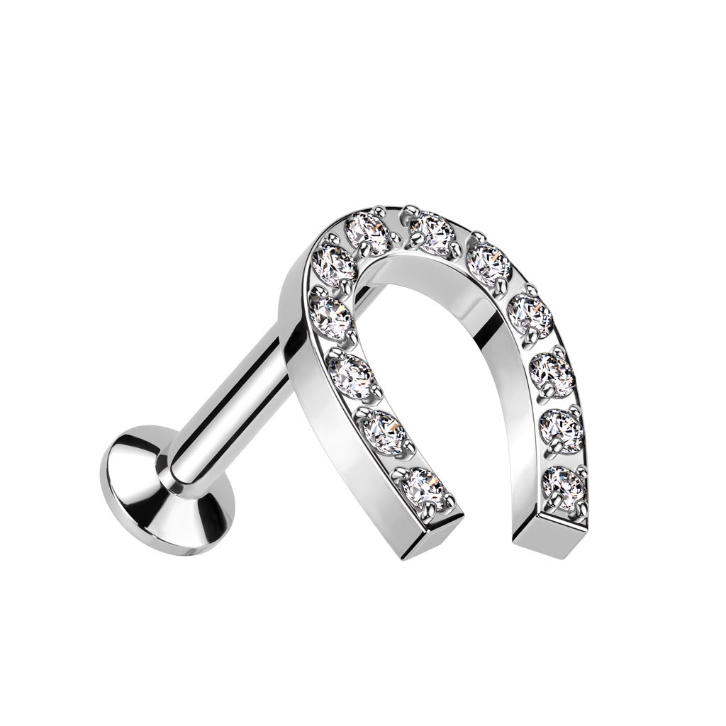 Threadless Push-In CZ Crystal Horseshoe Flat Back Stud - 316L Stainless Steel