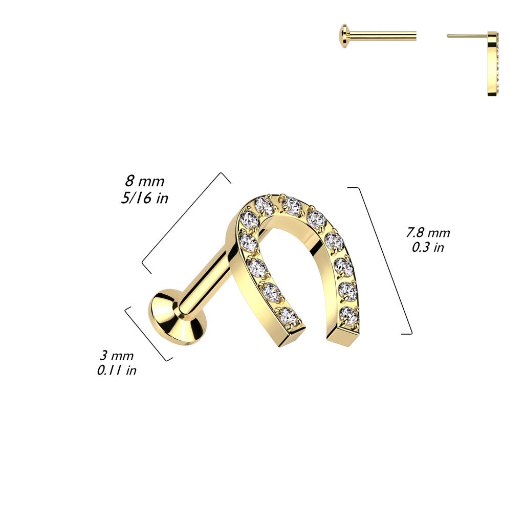 Threadless Push-In CZ Crystal Horseshoe Flat Back Stud - 316L Stainless Steel