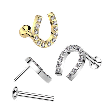 Threadless Push-In CZ Crystal Horseshoe Flat Back Stud - 316L Stainless Steel