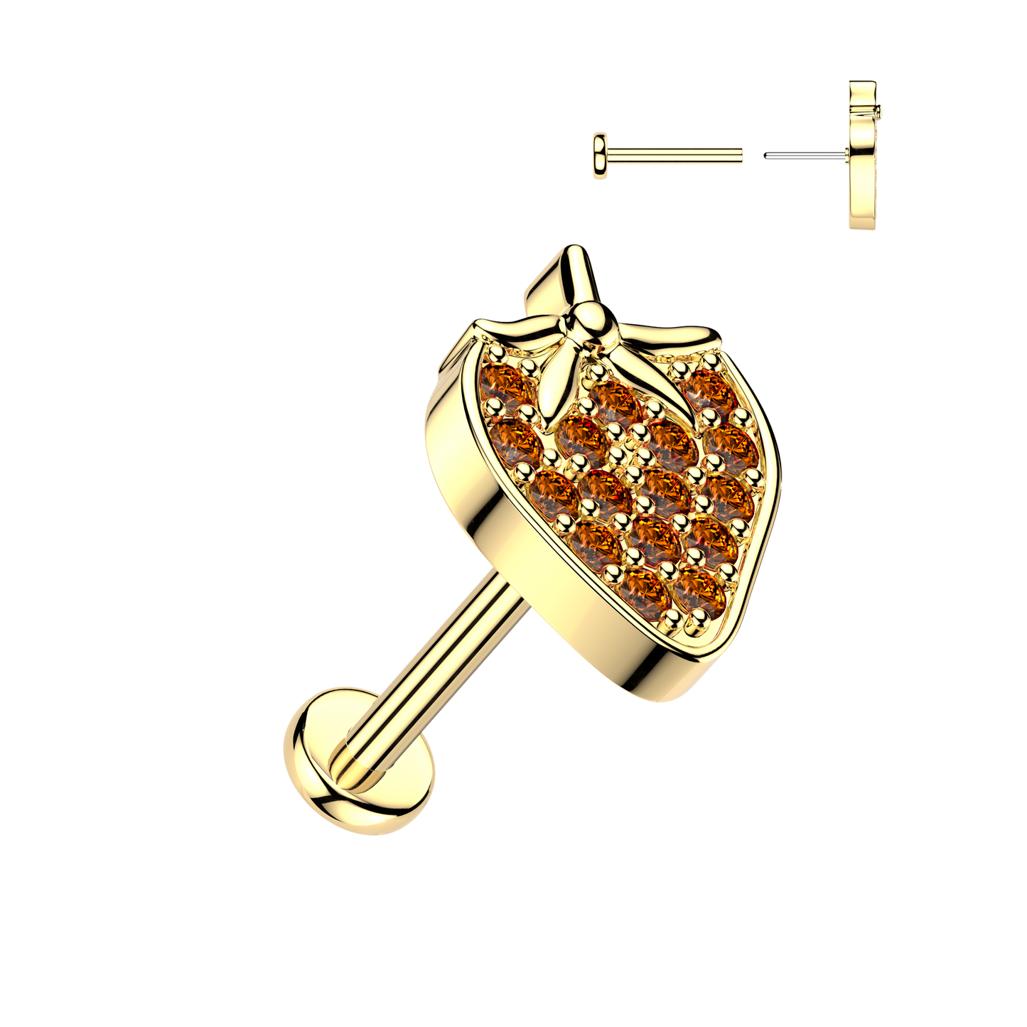 Threadless Push In CZ Crystal Red Strawberry Flat Back Stud - 316L Stainless Steel