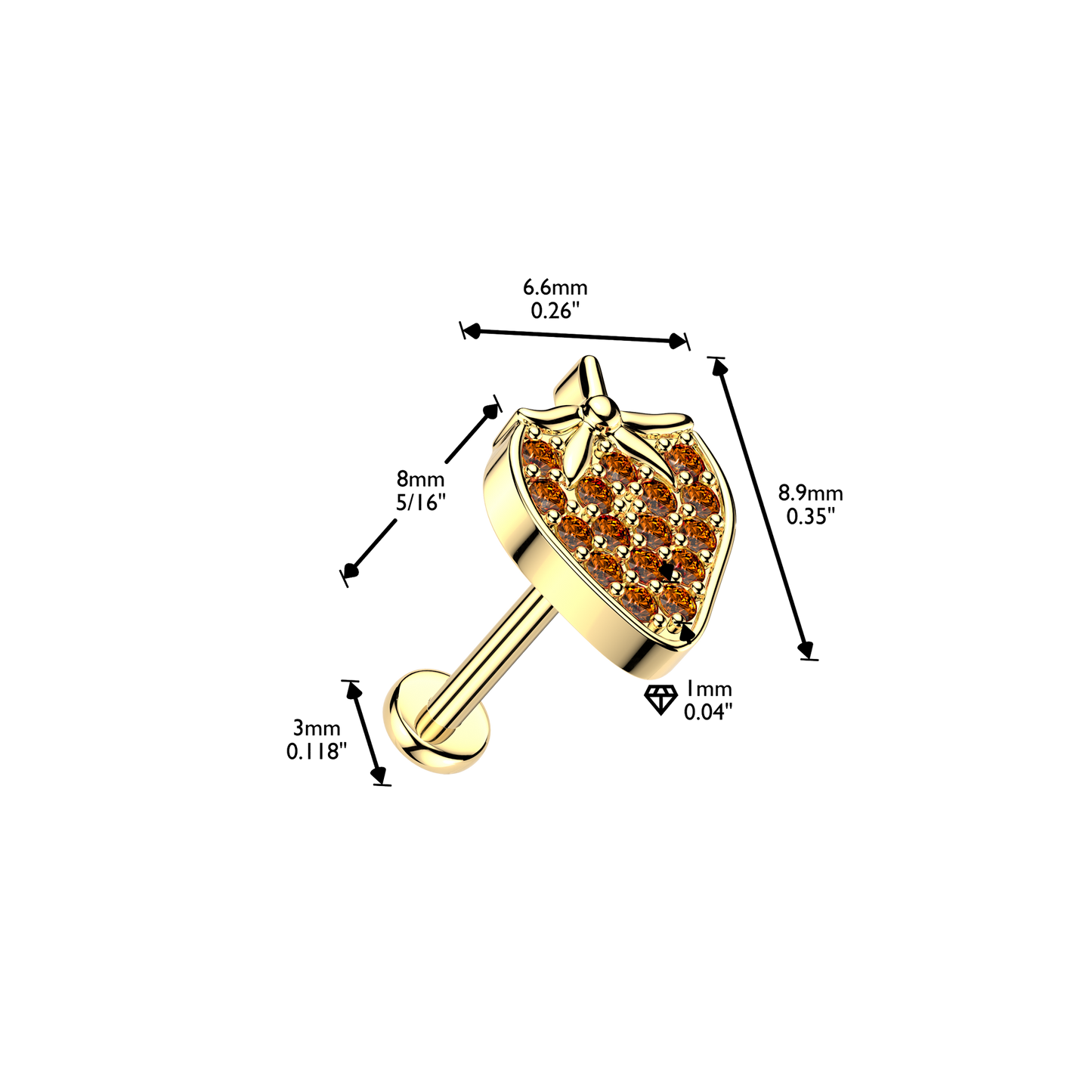 Threadless Push In CZ Crystal Red Strawberry Flat Back Stud - 316L Stainless Steel