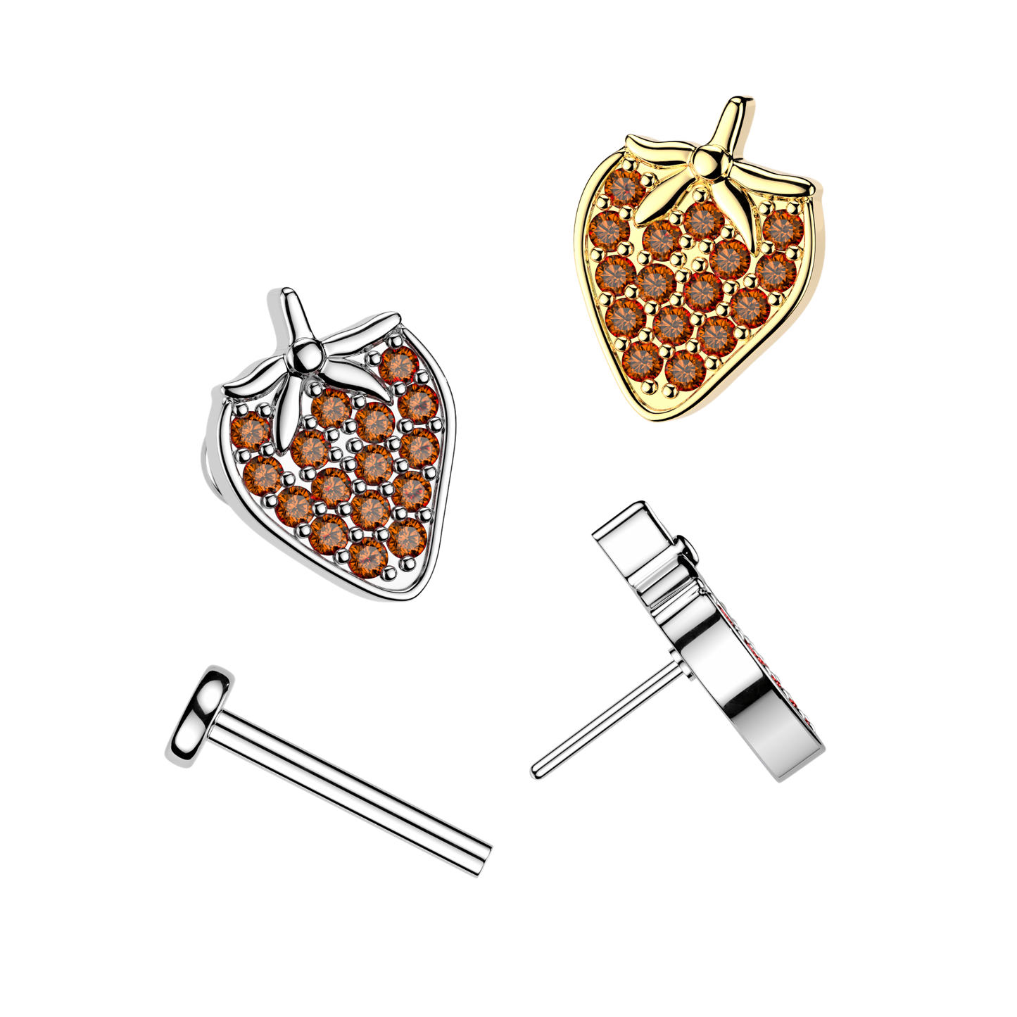 Threadless Push In CZ Crystal Red Strawberry Flat Back Stud - 316L Stainless Steel