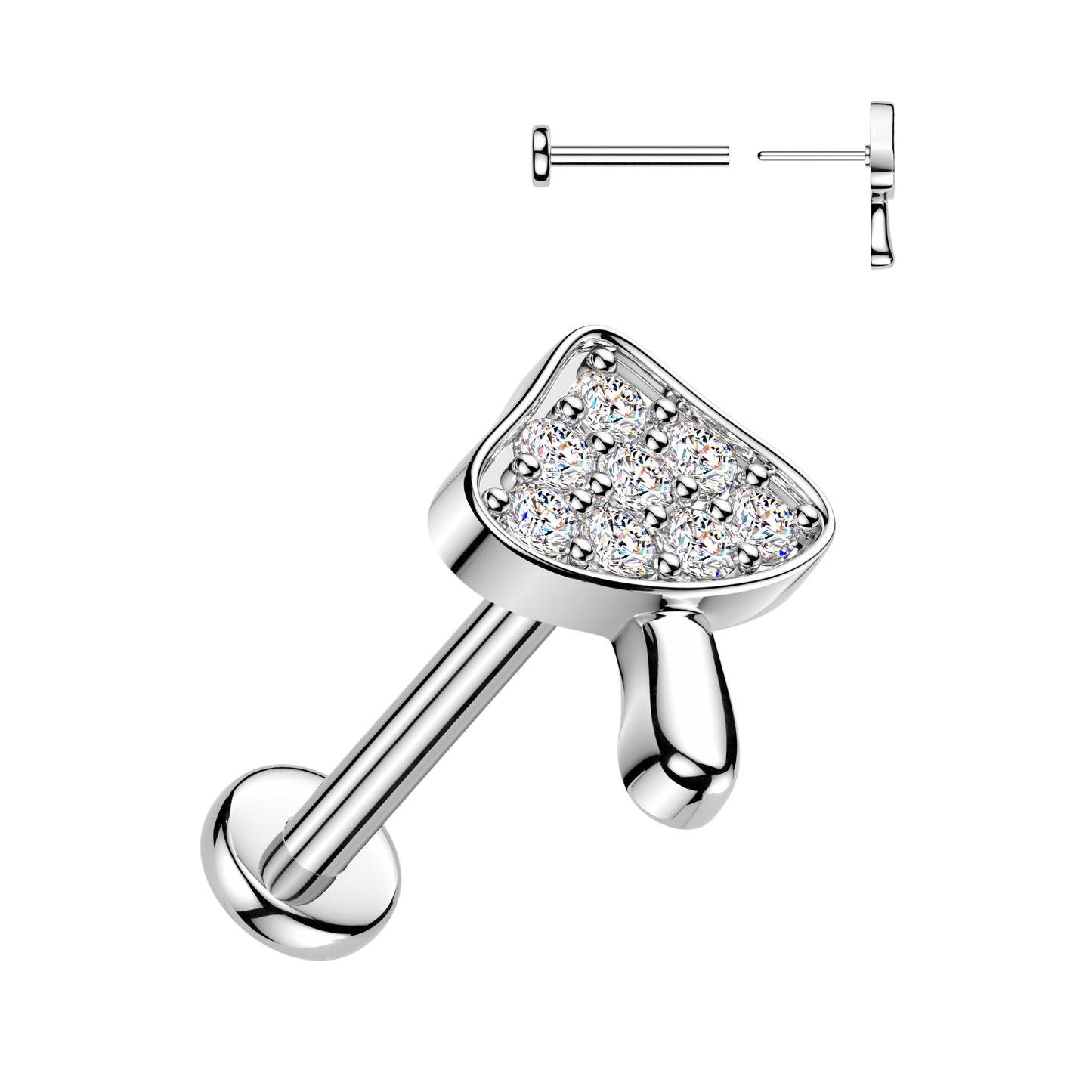 Threadless Push In CZ Crystal Woodland Mushroom Flat Back Stud - 316L Stainless Steel