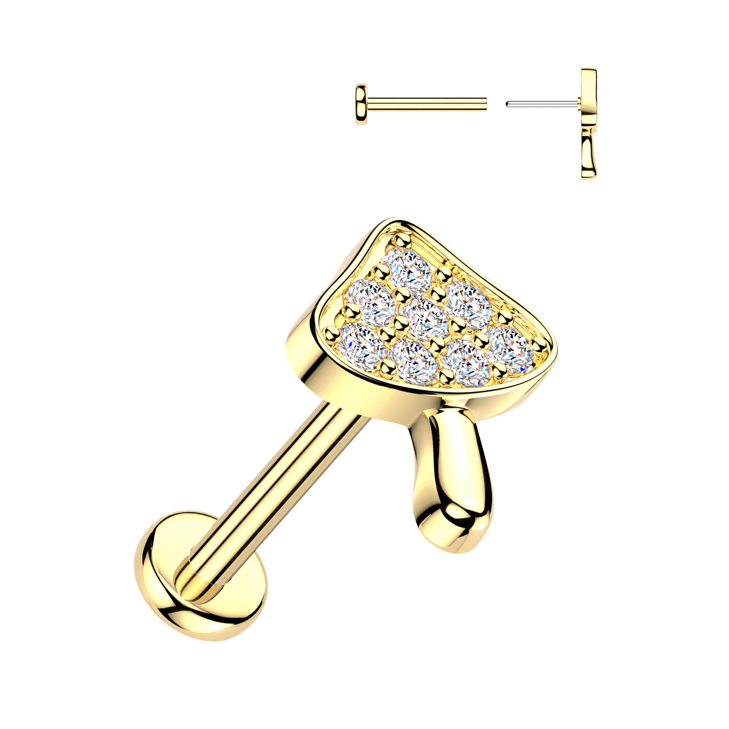 Threadless Push In CZ Crystal Woodland Mushroom Flat Back Stud - 316L Stainless Steel