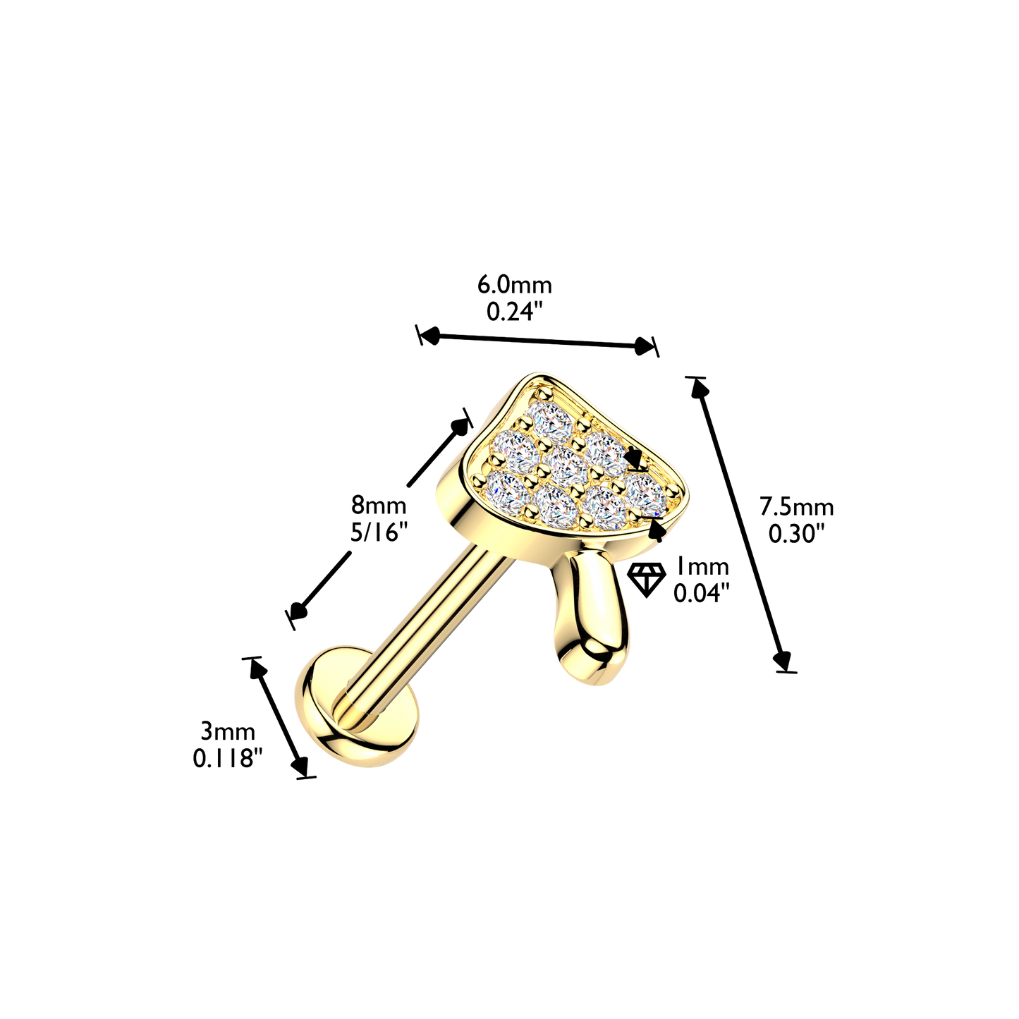 Threadless Push In CZ Crystal Woodland Mushroom Flat Back Stud - 316L Stainless Steel