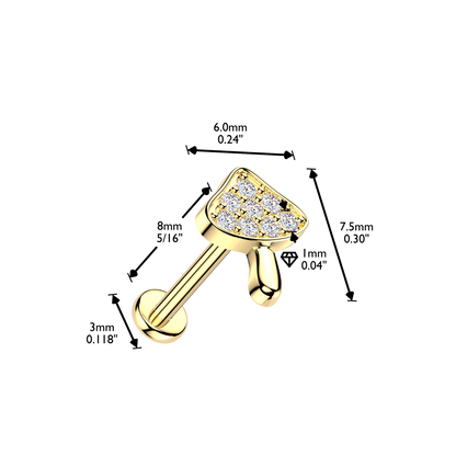 Threadless Push In CZ Crystal Woodland Mushroom Flat Back Stud - 316L Stainless Steel