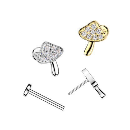 Threadless Push In CZ Crystal Woodland Mushroom Flat Back Stud - 316L Stainless Steel