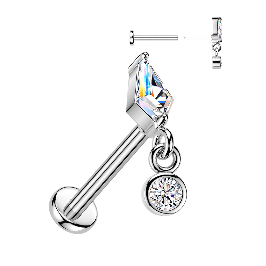 Threadless Push In Kite Shaped CZ Crystal with Dangling Gem Flat Back Stud - 316L Stainless Steel