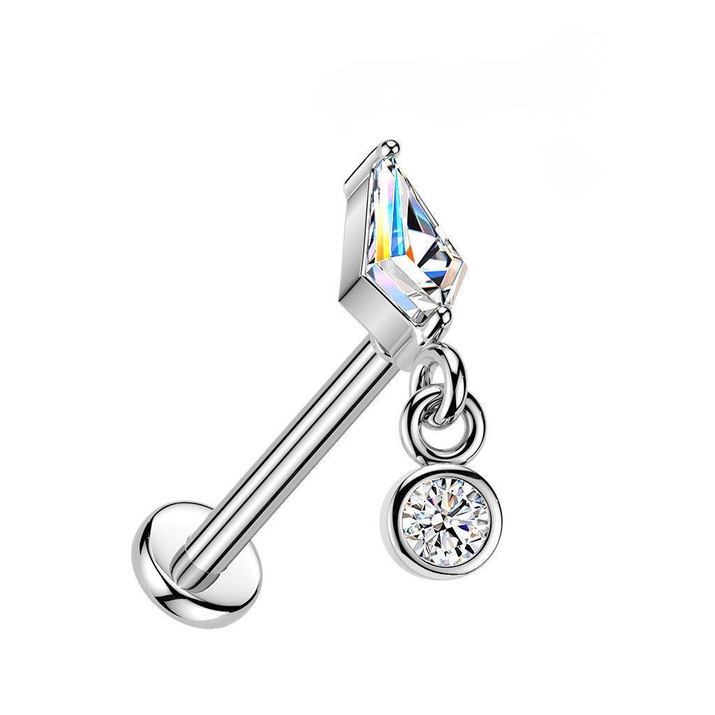 Threadless Push In Kite Shaped CZ Crystal with Dangling Gem Flat Back Stud - 316L Stainless Steel