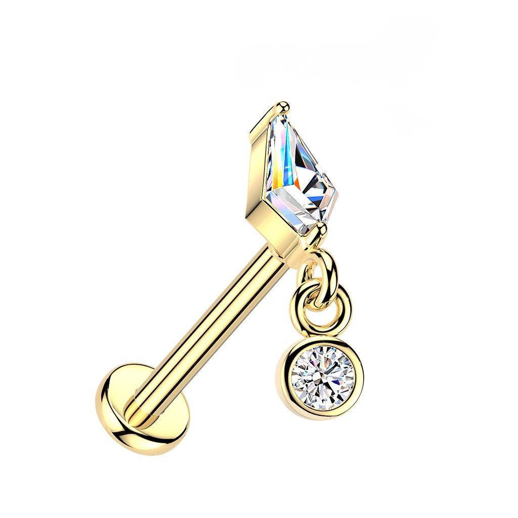 Threadless Push In Kite Shaped CZ Crystal with Dangling Gem Flat Back Stud - 316L Stainless Steel