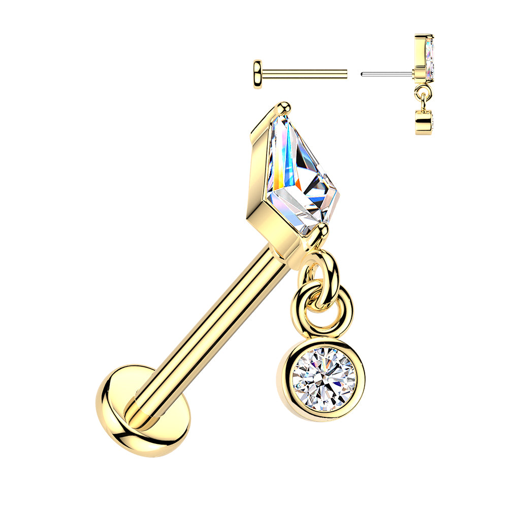 Threadless Push In Kite Shaped CZ Crystal with Dangling Gem Flat Back Stud - 316L Stainless Steel