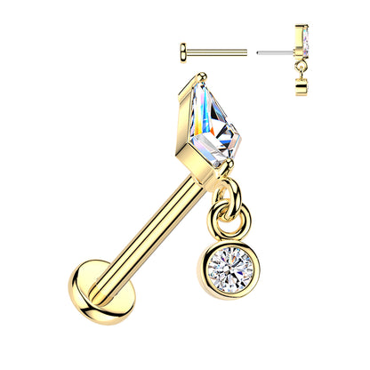 Threadless Push In Kite Shaped CZ Crystal with Dangling Gem Flat Back Stud - 316L Stainless Steel